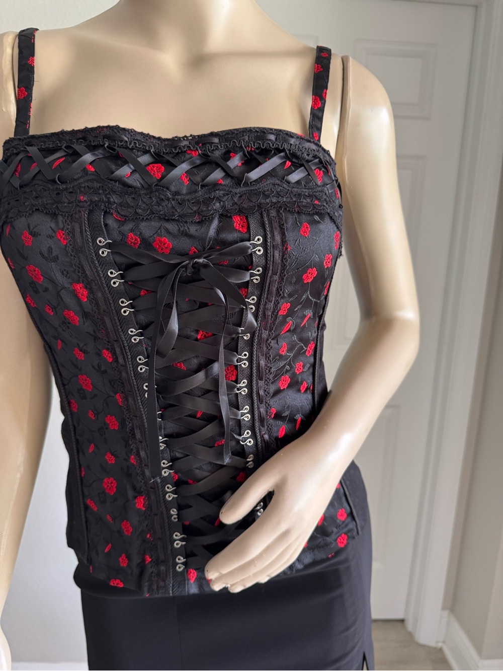 Tripp nyc Black Corset Top with Red Rose Embroidery